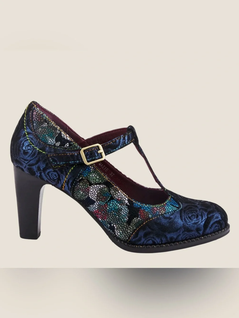 L'Artiste Mazie Navy Leather Floral Mosaic T-Bar Heels